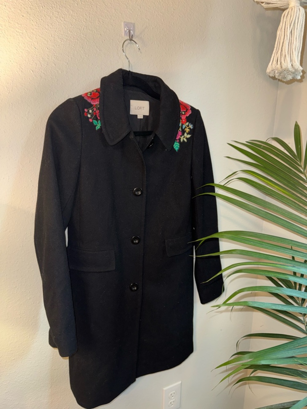 LOFT Black Pea Coat with Red & Green Embroidered Collar
